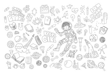 Obraz premium Cute cartoon icons on science, school, study theme. Physics, chemistry, astronomy and other sciences - vector illustrations of icons for children. Back to school educational icons, science cartoon