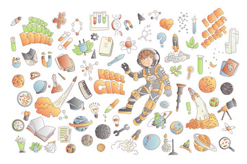 Cute cartoon icons on science, school, study theme. Physics, chemistry, astronomy and other sciences - vector illustrations of icons for children. Back to school educational icons, science cartoon