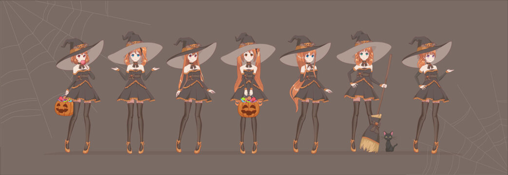 Halloween Anime manga black witch in various poses