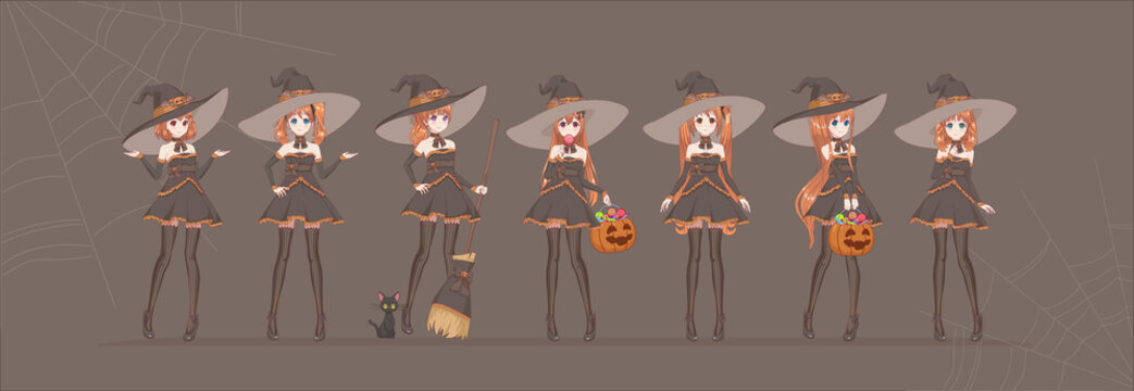 Halloween Anime manga black witch in various poses