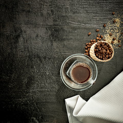 Fresh coffee on black space 