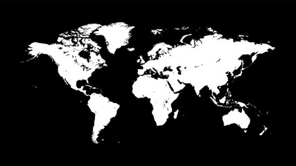 Silhouette of a white world map on a dark black background with the most accurate outline. Template option for use in an industrial interior.