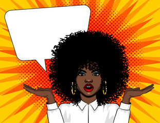 Vector Pop art illustration surprised woman face with open mouth and hands up. African American woman in shocked standing over background in comic retro pop art style with big speech bubble