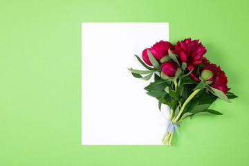 Top view of sheet of paper with peonies flowers on pink background with copy space. 