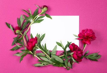 Top view of sheet of paper with peonies flowers on pink background with copy space. 