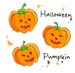 vector illustration of cartoon halloween pumpkins with cute, funny and evil faces isolated on white. jack-o-lantern pumpkin with ink splashes. Halloween party design elements. Halloween face icon set