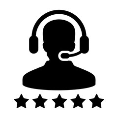 Customer satisfaction icon vector male support customer care service person profile avatar with a headphone and a star rating for online assistant in glyph pictogram illustration