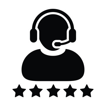 Business support icon vector male customer care service person profile avatar with a headphone and a star rating for online assistant in glyph pictogram illustration