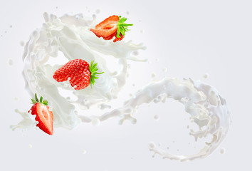 Fresh milk, cream splash spiral with ripe strawberries. Healthy dairy meal design concept or ads elements with milk, yogurt, cream and strawberry. Milk shake ingredients isolated on milky background
