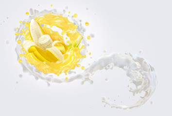 Fresh ripe banana, slice, banana juice, smoothie 3D splash wave. Healthy food, tropical fruit drink liquid label design. Tasty banana smoothie splash isolated, healthy diet concept isolated on white