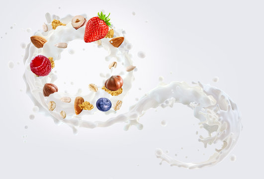 Fresh milk, yogurt, cream 3D swirl splash, berries, hazelnuts, corn flakes, oat cereals isolated. Milk or yogurt, strawberry, blueberries, raspberry, hazelnuts, cornflakes, cereals dairy splash design