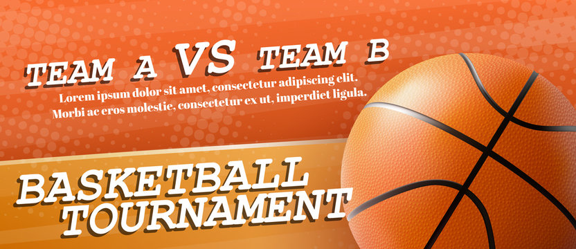 Basketball tournament, sport teams competition, student league championship 3d realistic vector horizontal advertising banner, promotion poster or flyer template with ball and information sample text