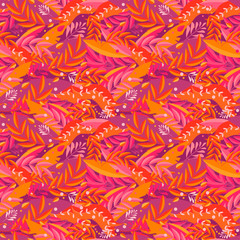 Seamless pattern of red and orange leaves, flowers and grass. Bright autumn background in vector. Textile, fabric, wrapping paper, web sites, design any surface. Naive, simple