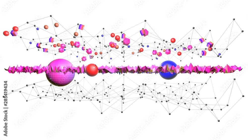 Aufkleber 3d rendering of low poly background with 3d objects and modern gradient colors violet red blue.