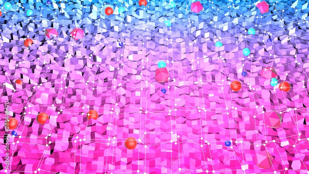 Aufkleber 3d rendering of low poly background with 3d objects and modern gradient colors blue red violet.