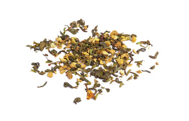 Green tea with dry flowers on white background. Close up