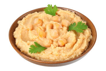 brown bowl with chickpea hummus isolated on white background