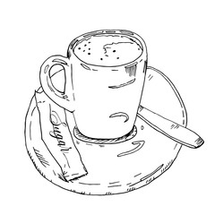 Sketch ink graphic cup of coffee on a plate with a tea spoon and sugar illustration, hand drawn vector drawing, black on white background. Delicious vintage style icon for menu design
