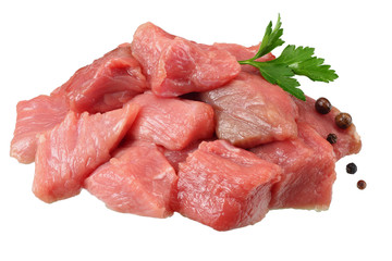 pieces of raw beef meat isolated on white background