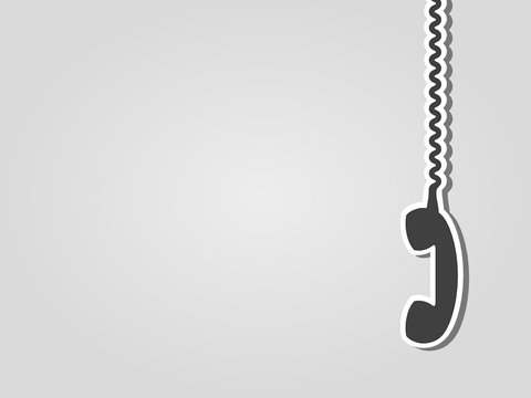 Retro phone receiver hanging on a cable. Gray background with copy space. On hold, on the phone, contact us, listening-in, spy on, collecting data, monitor conversation, concept. Vector illustration.