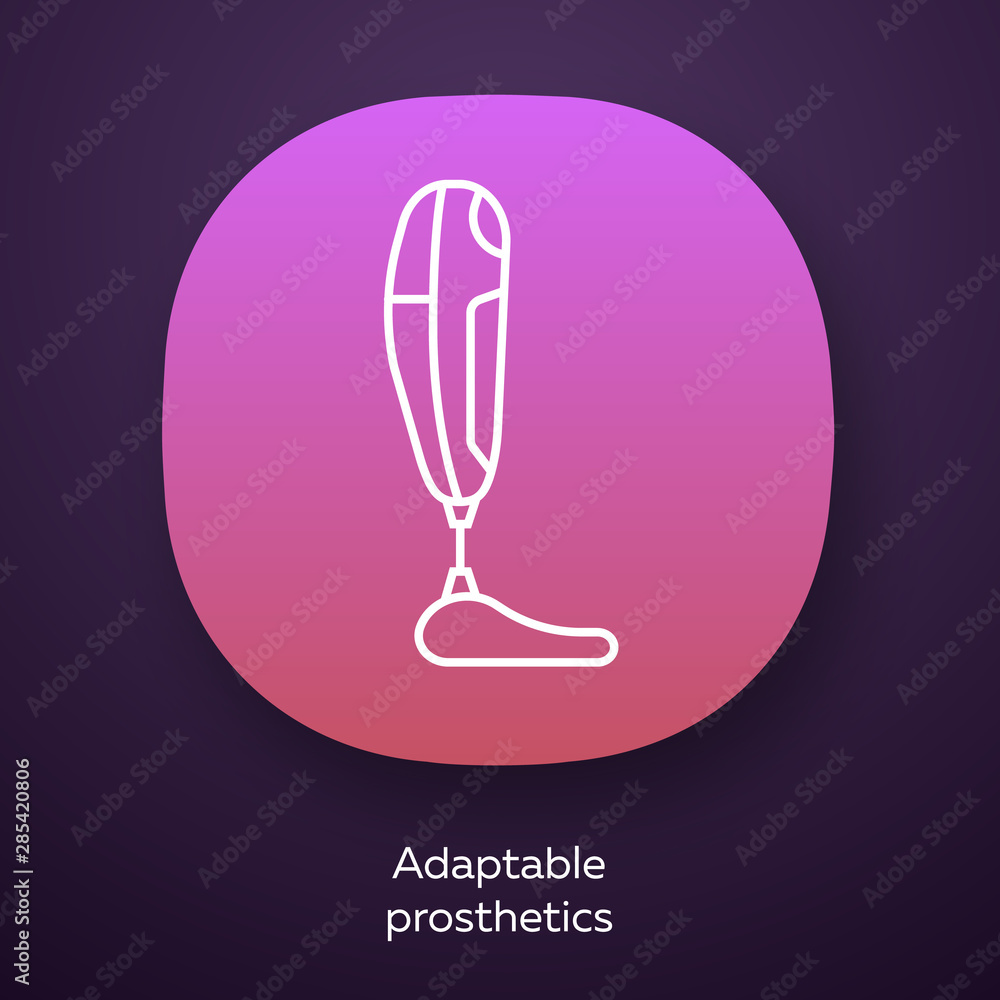 Poster adaptable prosthetics app icon. missing body part replacing. mechanical artificial limb. bionic foot