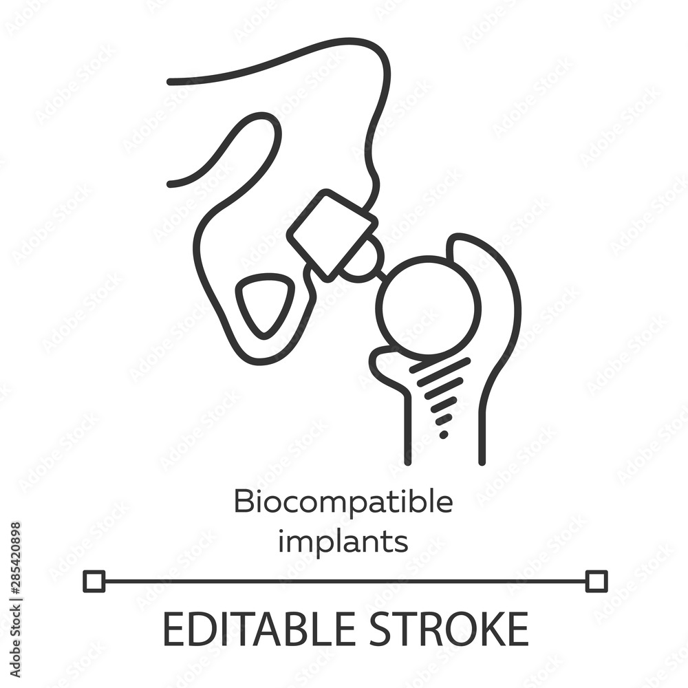 Poster biocompatible implants linear icon. artificial joint. biological structure replace. bioengineering. 