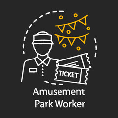 Amusement park worker chalk icon. Summer part-time job. Temporary employment. Entry-level job. Ticket checker. Theme park staff, personnel. Isolated vector chalkboard illustration