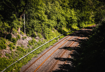 Railway tracks curve in the green