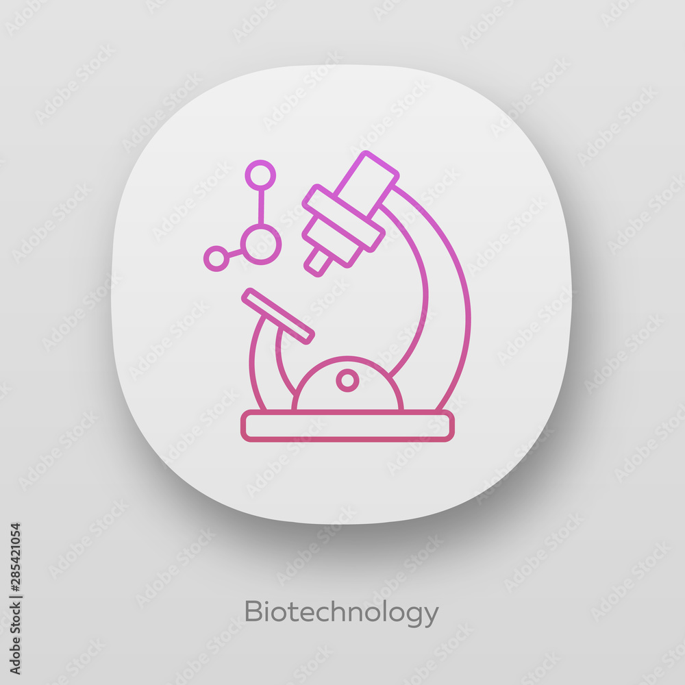 Poster biotechnology app icon. biotech. molecular biology. microscope and molecule. laboratory research. bi