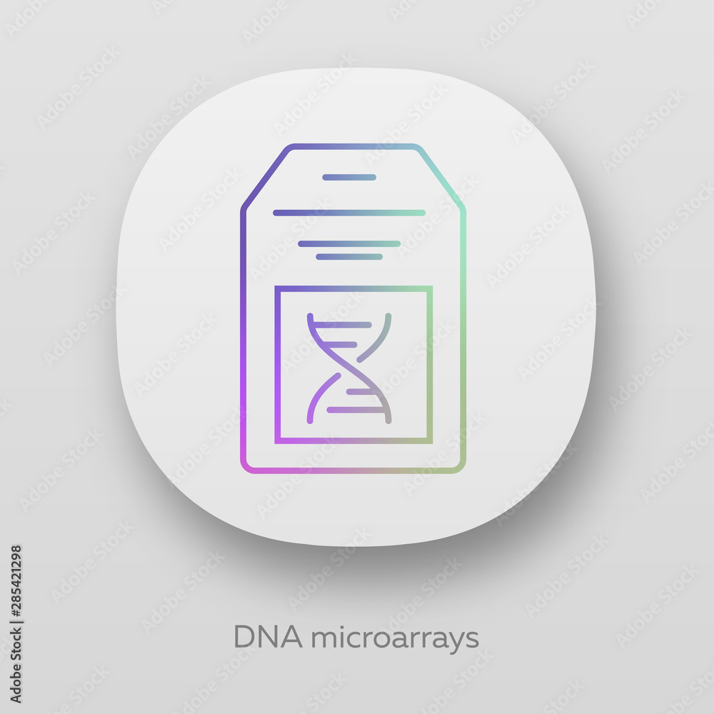 Poster dna microarray app icon. dna chip. microscopic chromosome spots collection. biochip. gene research. 
