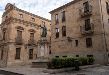 Fototapeta na wymiar statue of Father Camara, Tomás de Cámara y Castro, located in front of the main facade of the New Cathedral, next to the Episcopal Palace, in John XXIII Square, Salamanca, Spain