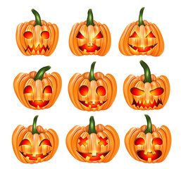 Halloween pumpkin set with cut out faces funny and spooky with glowing eyes. High quality realistic vector clipart icons. Trick or treat event decoration.