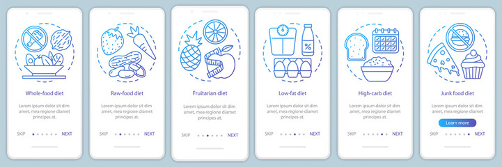 Diet types onboarding mobile app page screen vector template. Vegetarian lifestyle walkthrough website steps with linear illustrations. Vegan nutrition. UX, UI, GUI smartphone interface concept