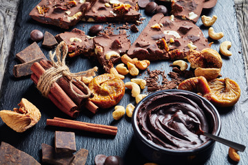 close-up of sweet chocolate bar with dried figs