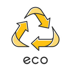 Eco label color icon. Three yellow angled arrow signs. Recycle symbol. Alternative energy. Environmental protection sticker. Eco friendly chemicals. Organic cosmetics. Isolated vector illustration