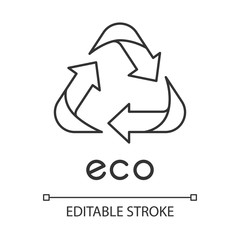Eco label linear icon. Three angled arrow signs. Recycle symbol. Alternative energy. Environmental protection sticker. Thin line illustration. Contour symbol. Vector isolated drawing. Editable stroke