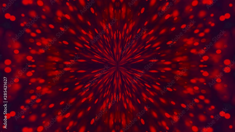 Poster computer generated a kaleidoscope of red particles flying from the center on a dark background, 3d r