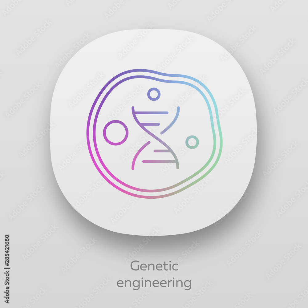 Poster genetic engineering app icon. genes manipulation using biotechnology. living body cell. genome modif