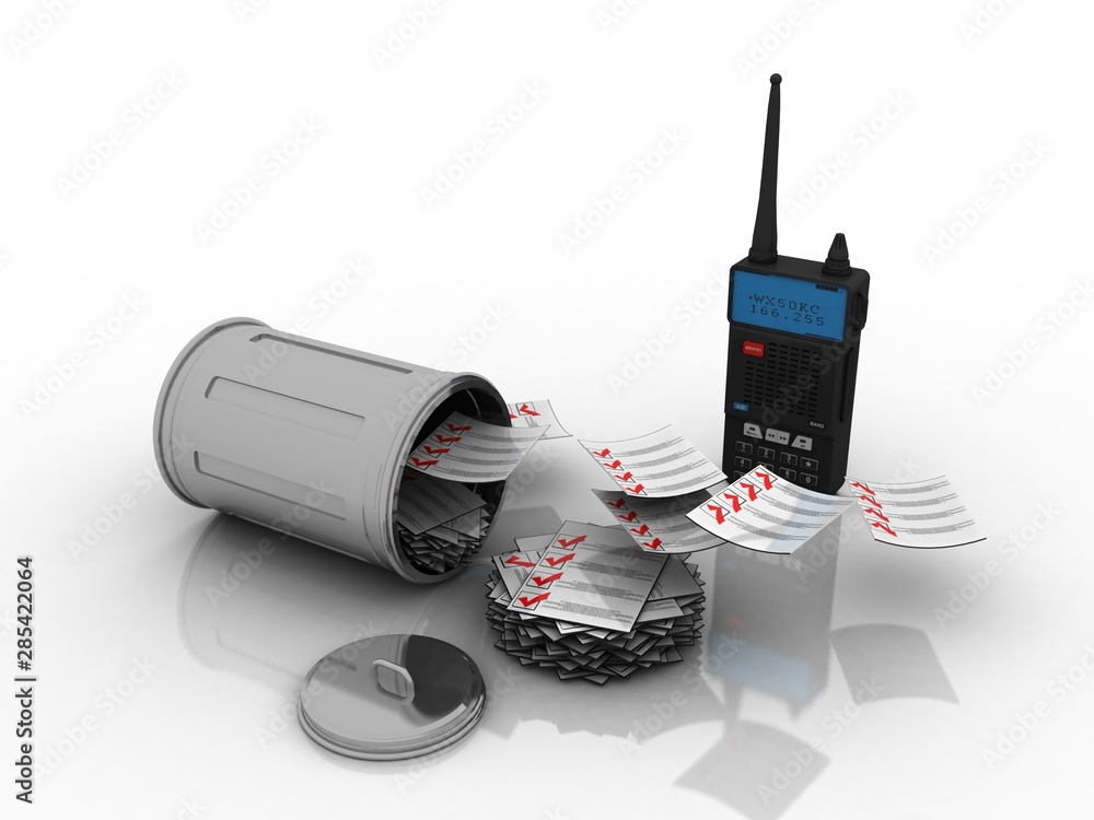 Poster 3d rendering latest radio transceivers with document in bin