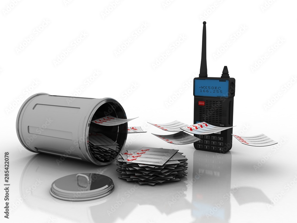 Poster 3d rendering latest radio transceivers with document in bin