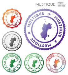 Mustique badge. Colorful polygonal island symbol. Multicolored geometric Mustique logos set. Vector illustration.