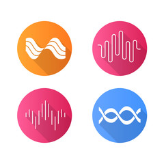 Sound waves flat design long shadow glyph icons set. Audio waves. Sound, voice recording. Music rhythm logotype. Soundwave, digital waveform frequency. Dj track playing. Vector silhouette illustration