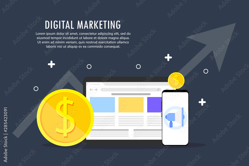 Poster digital marketing is depicted from several objects on a gray background.