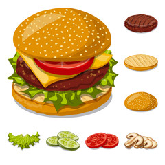 Vector design of burger and sandwich symbol. Collection of burger and slice vector icon for stock.