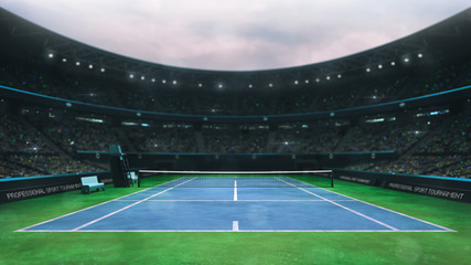 blue and green tennis court stadium with fans at daytime, upper front view, professional tennis sport 3D illustration background