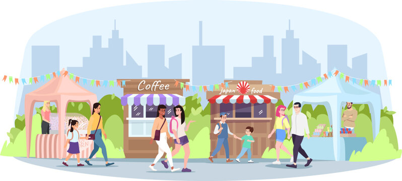 Street food festival flat vector illustration. Summer outdoor rest in town. Sellers, buyers, trade tents and cafe with snacks, ready meal. City picnic isolated cartoon characters on white background