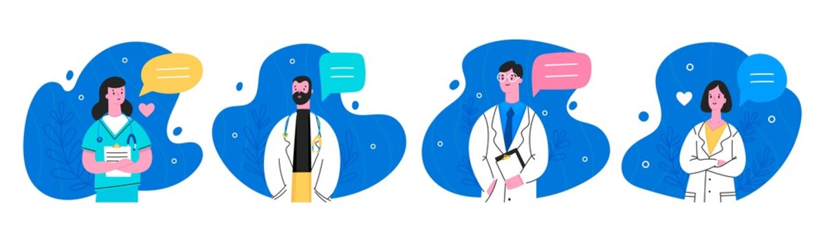 Hospital medical staff with speech bubbles. Male, female medicine workers. Doctor, surgeon, physician, paramedic, nurse. Hand drawn colored vector illustration. Cartoon style characters. Flat design 