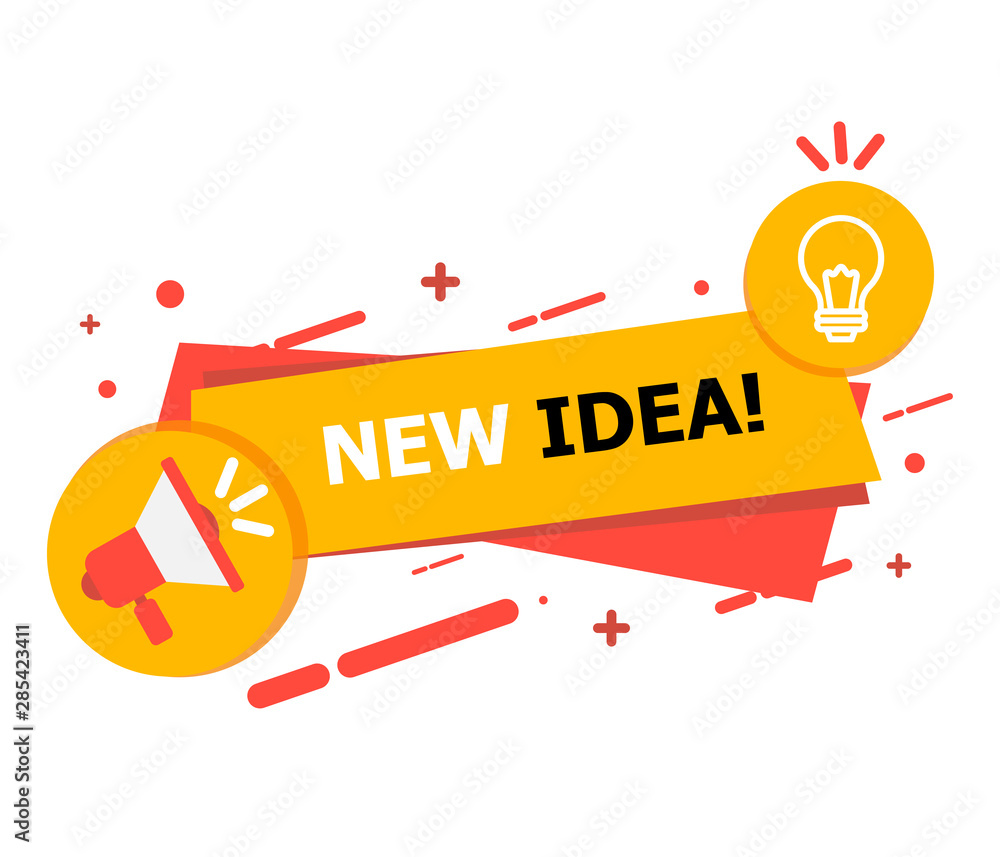 Poster a banner with a hole and a yellow-red lamp on which it is written new idea curated on a white backgr