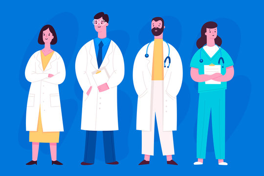 Group of hospital medical staff standing together. Various male and female medicine workers. Doctor, surgeon, physician, paramedic, nurse. Colored vector characters. Cartoon style. Flat design 