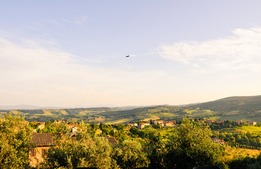 Naklejka premium A typically Tuscan countryside landscape with a flying bird and ancient houses